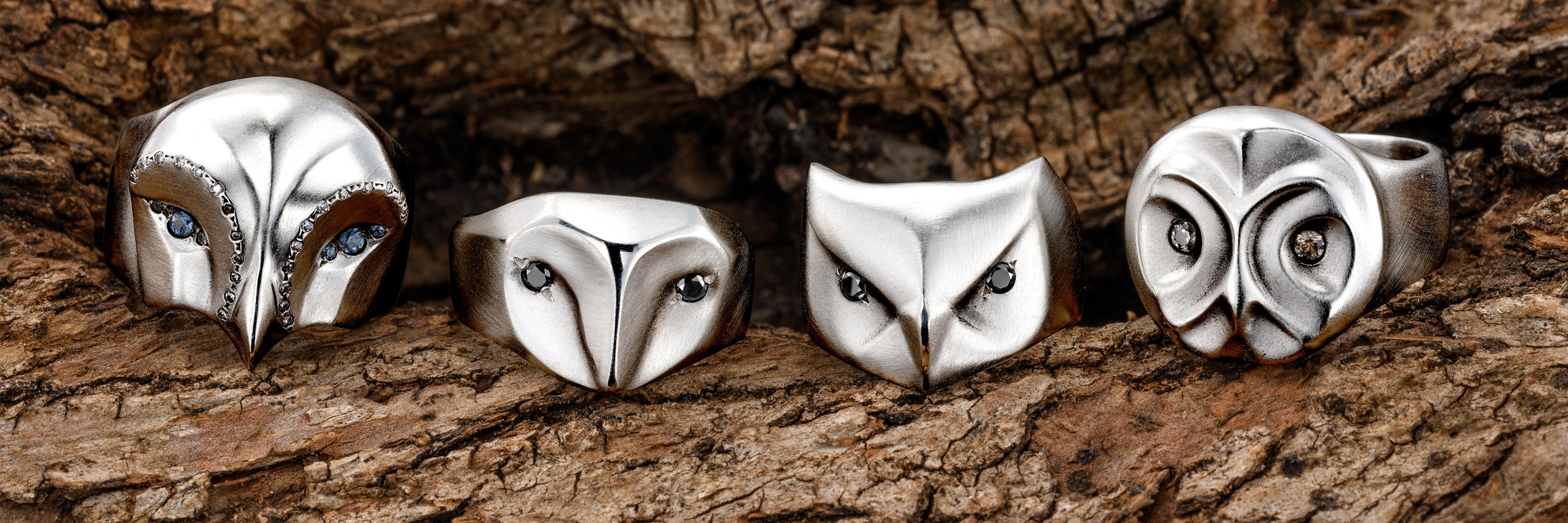Handmade owl rings and jewelry in sterling silver by Elina Gleizer