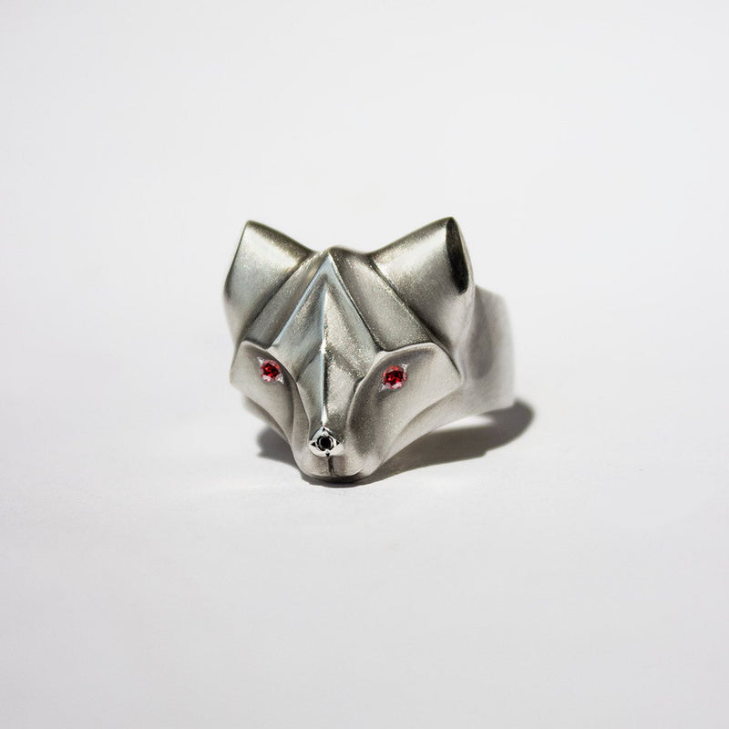 ELINA GLEIZER 4 / Red Garnet Fiery Fox Ring with Yellow Eyes & Black Diamond Nose