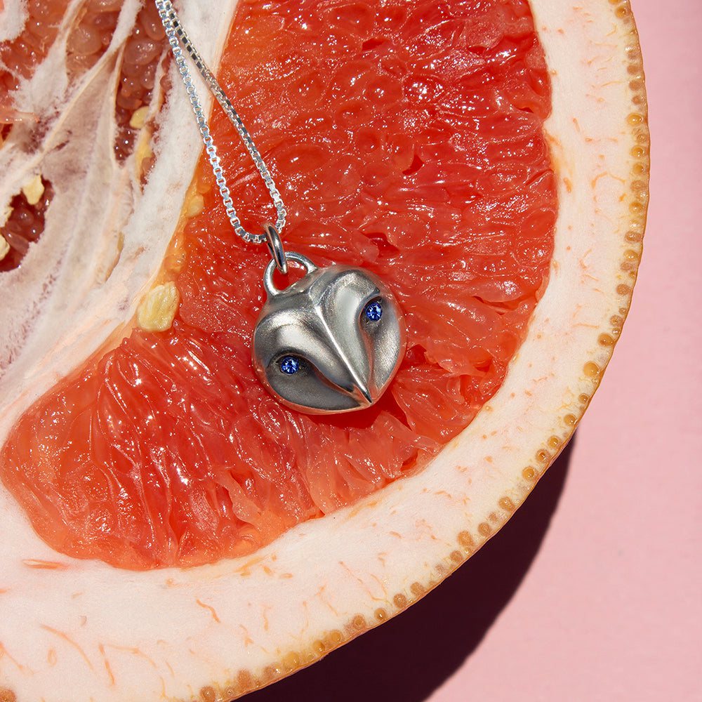 ELINA GLEIZER Barn Owl Necklace with Sapphire eyes