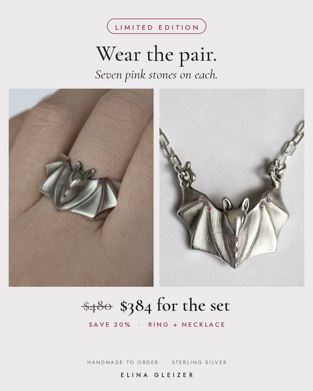 ELINA GLEIZER Jewelry Limited Edition Pink Bat Necklace
