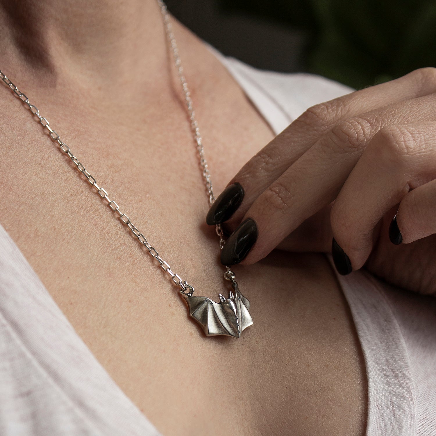 ELINA GLEIZER Jewelry Silver Bat Necklace with Black Diamonds