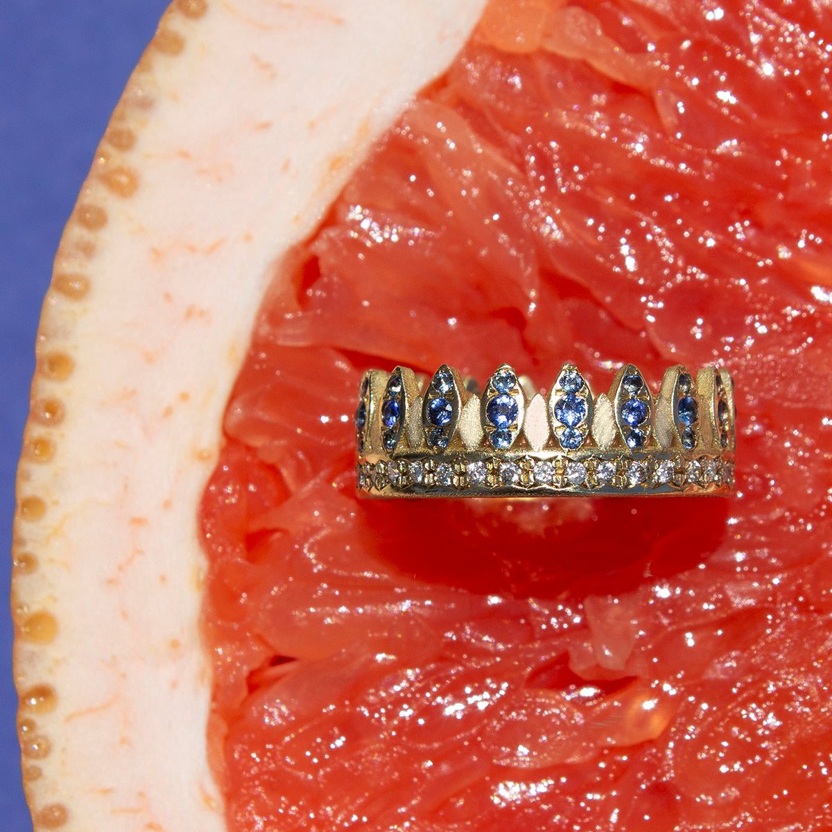 ELINA GLEIZER Leaf Crown Ring with Sapphires & Diamonds