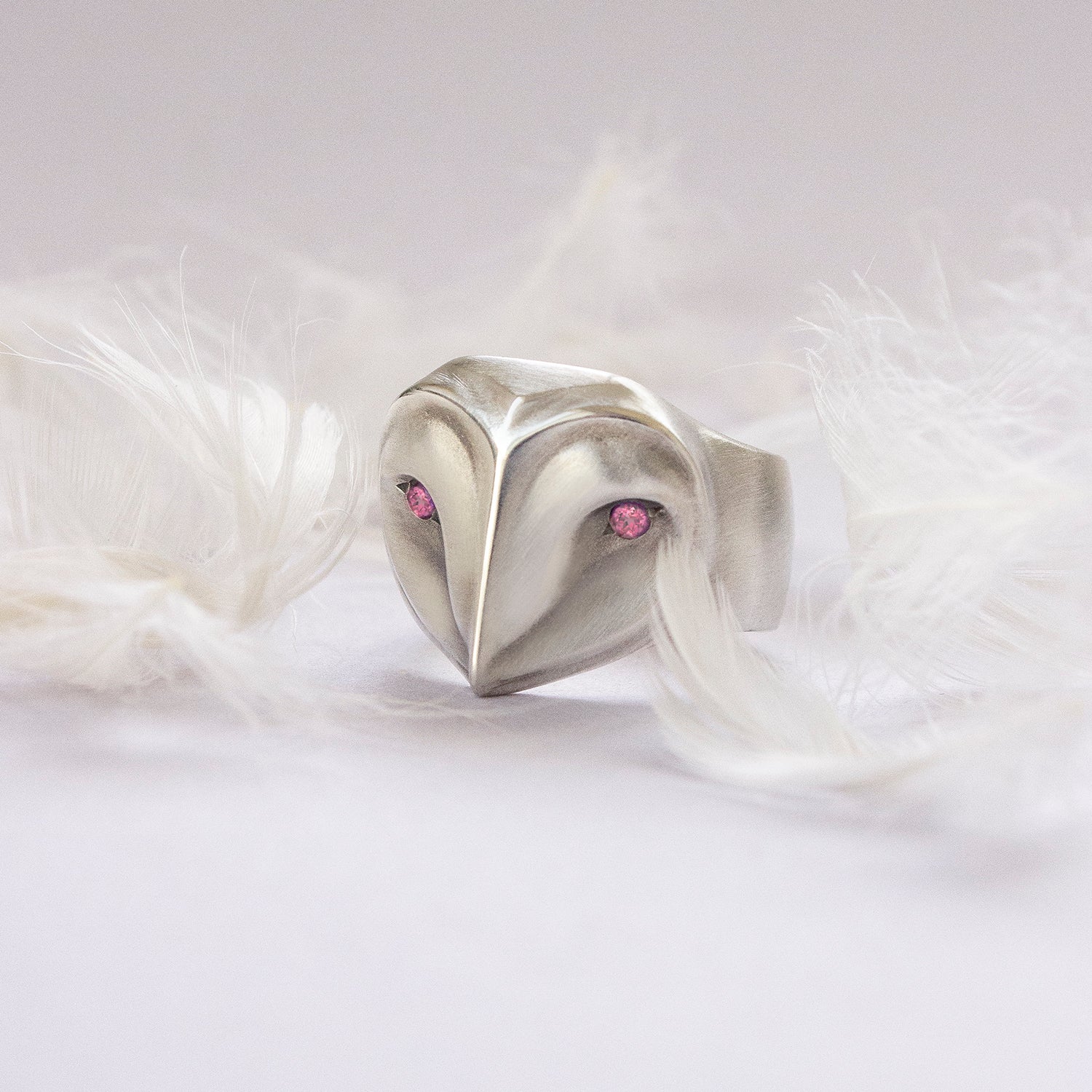 ELINA GLEIZER Limited Edition Barn Owl Ring with Tourmaline eyes