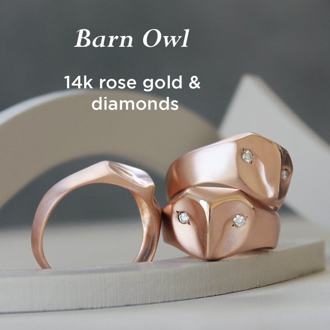 ___ Jewelry 14K Rose Gold Owl Ring with Diamonds
