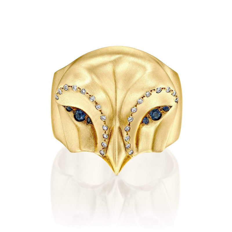 ELINA GLEIZER Gold Snowy Owl Ring with Blue Sapphires and White Diamonds