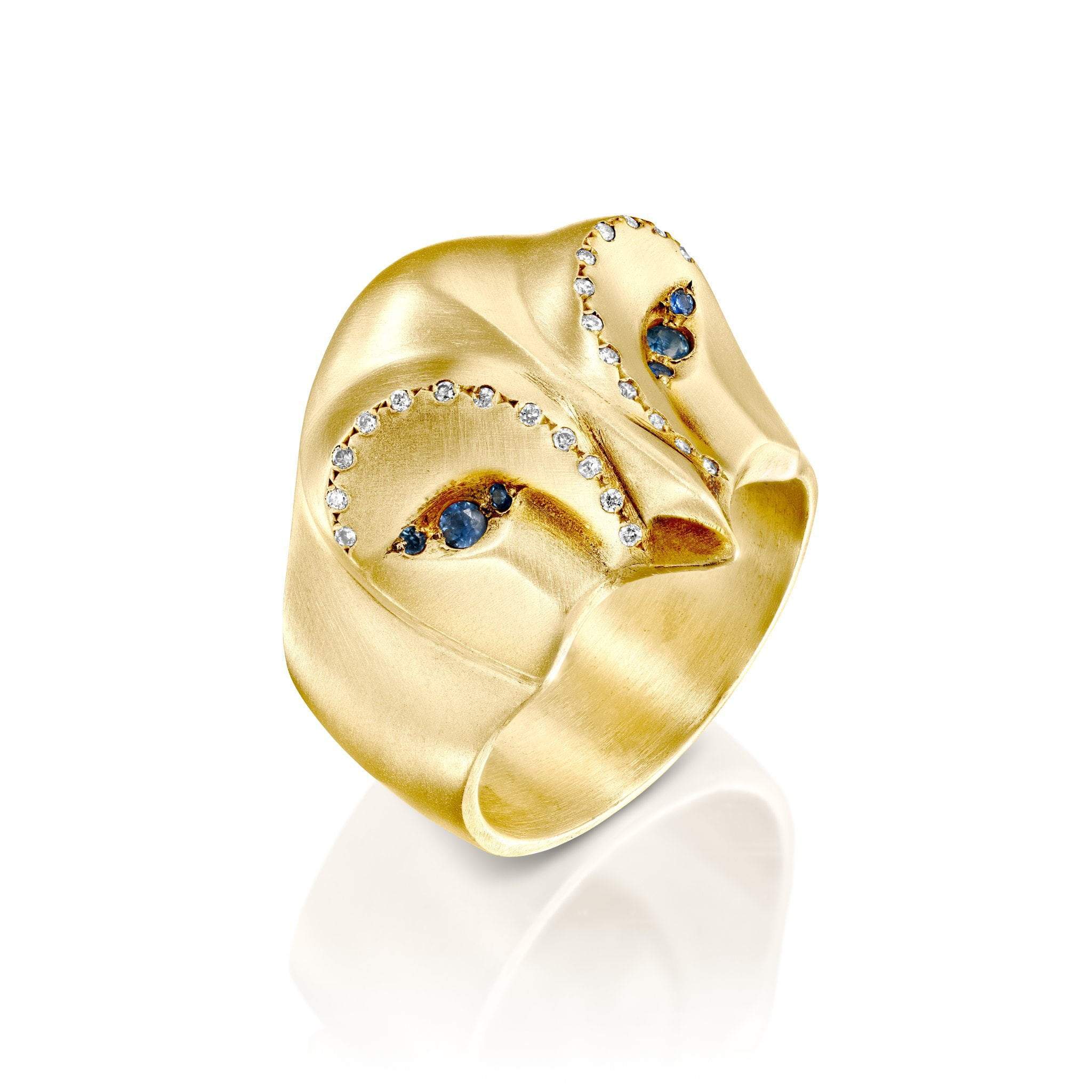 ELINA GLEIZER Gold Snowy Owl Ring with Blue Sapphires and White Diamonds