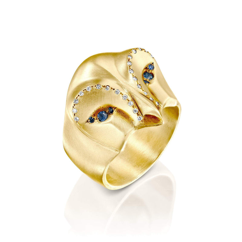 ELINA GLEIZER Gold Snowy Owl Ring with Blue Sapphires and White Diamonds