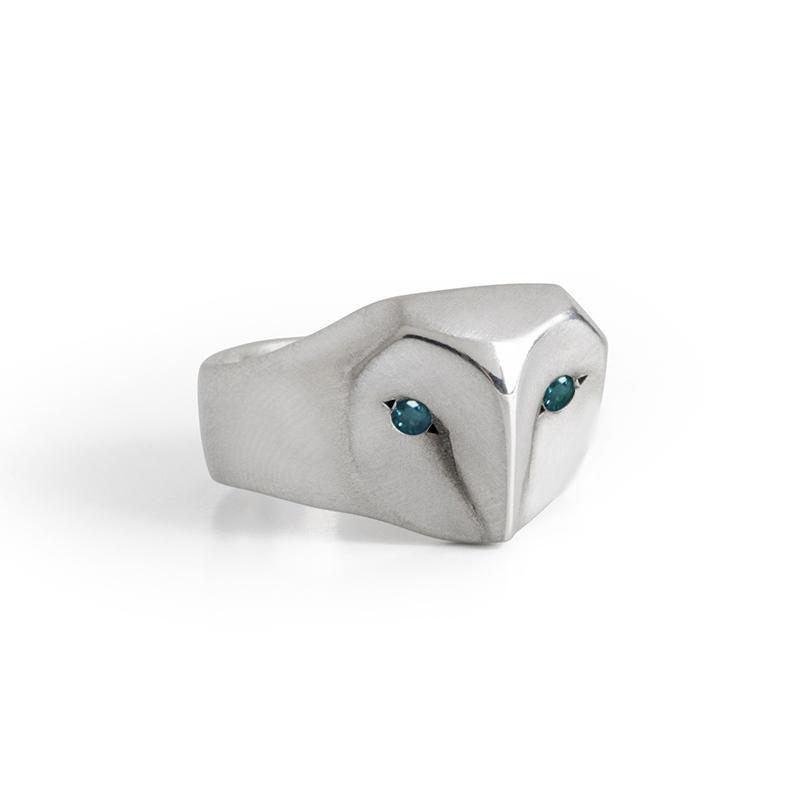 ELINA GLEIZER Jewelry 4 / ocean-blue-diamond / Sterling Silver Owl Ring with Ocean Blue Diamonds