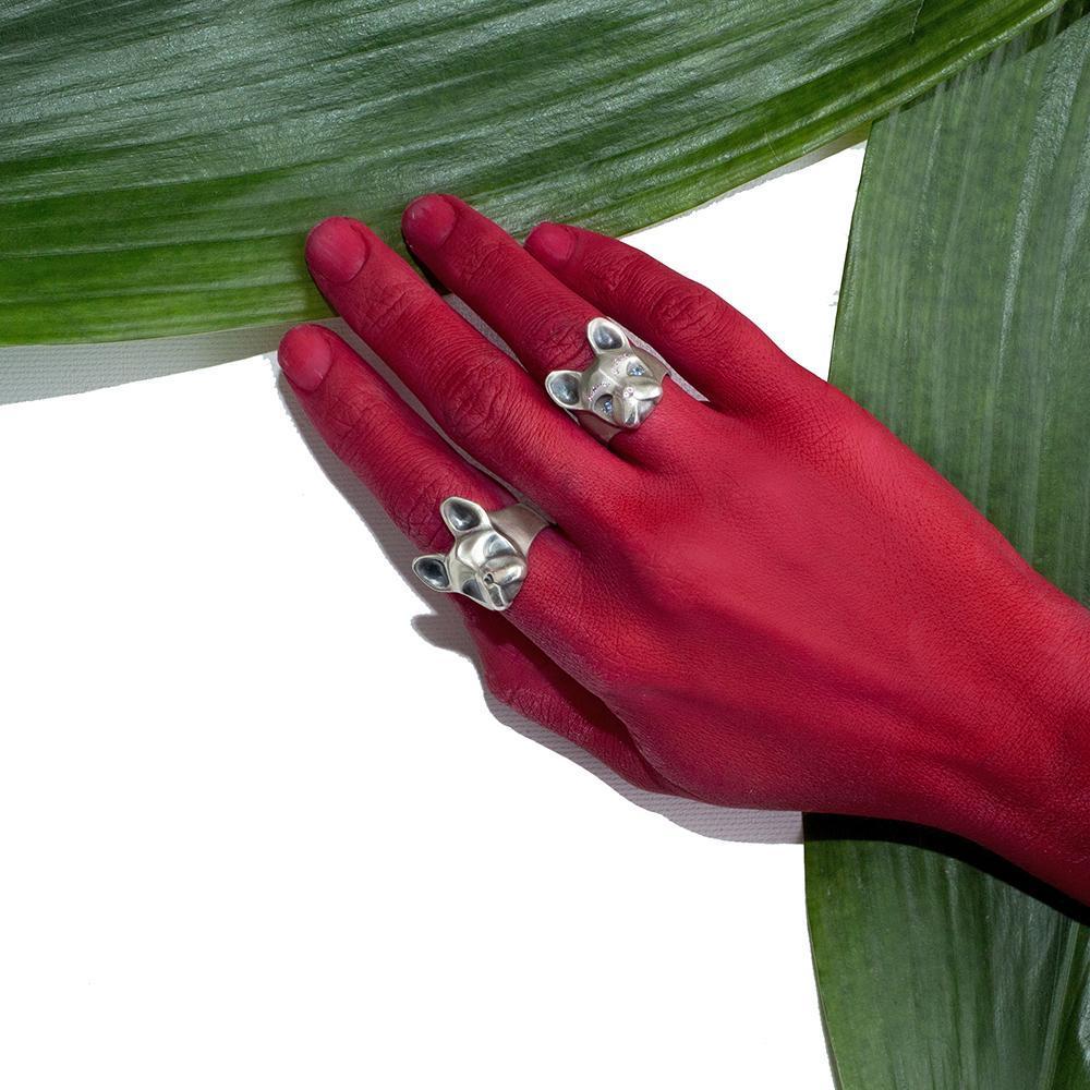 ELINA GLEIZER Jewelry French Bulldog Ring With Blue & Pink Sapphires