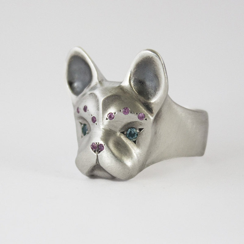 ELINA GLEIZER Jewelry French Bulldog Ring With Fancy Sapphires Setting