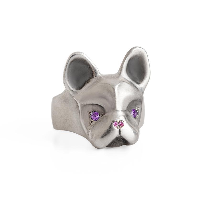 ELINA GLEIZER Jewelry French Bulldog Ring With Purple & Pink Setting