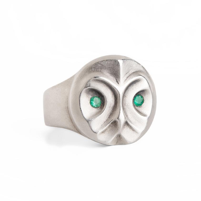 ELINA GLEIZER Jewelry Great Grey Owl Ring With Emerald Eyes