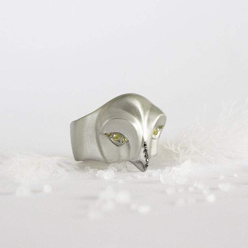 ELINA GLEIZER  Snowy Owl Ring with Yellow Sapphire Eyes and Black Beak