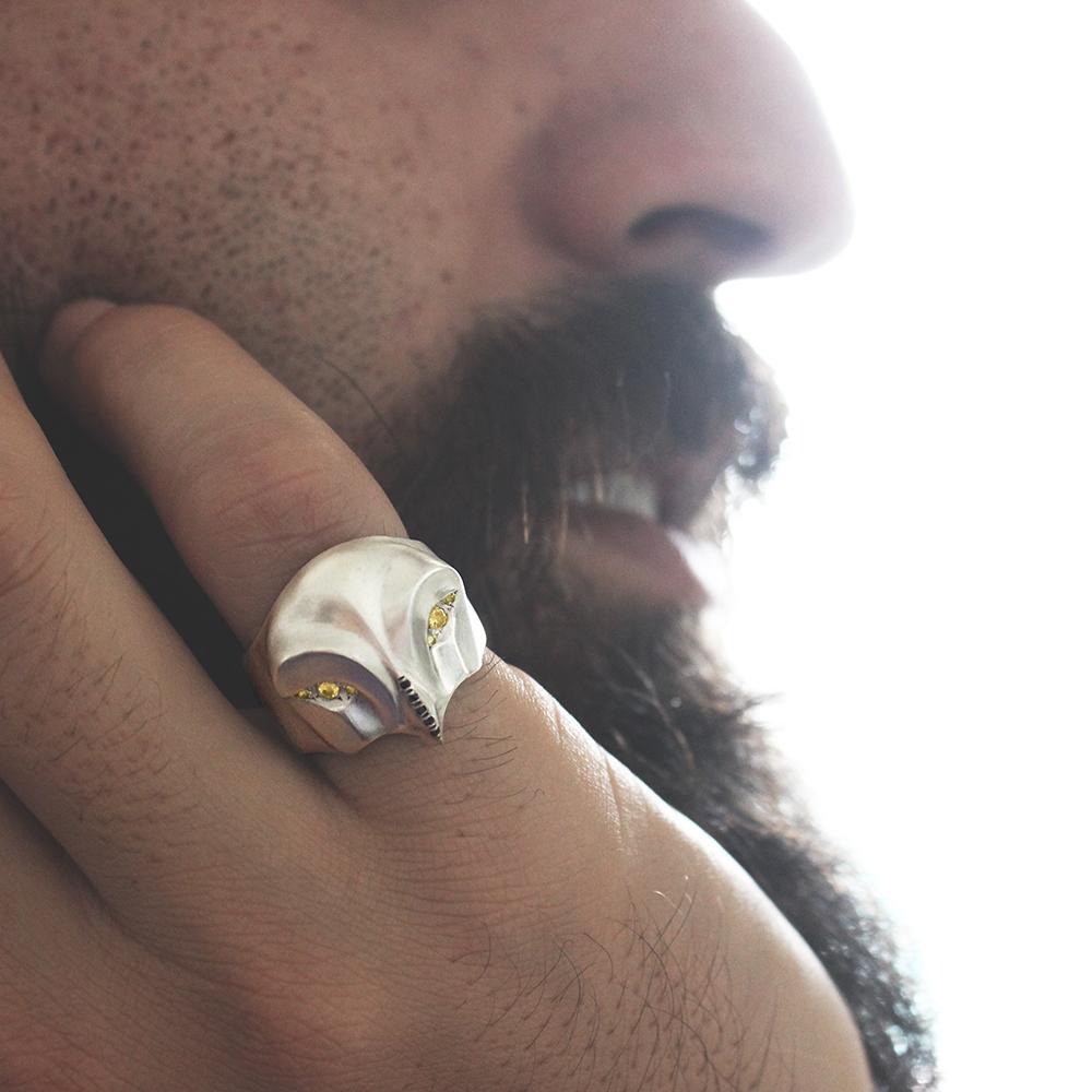 ELINA GLEIZER Snowy Owl Ring with Yellow Sapphire Eyes and Black Beak