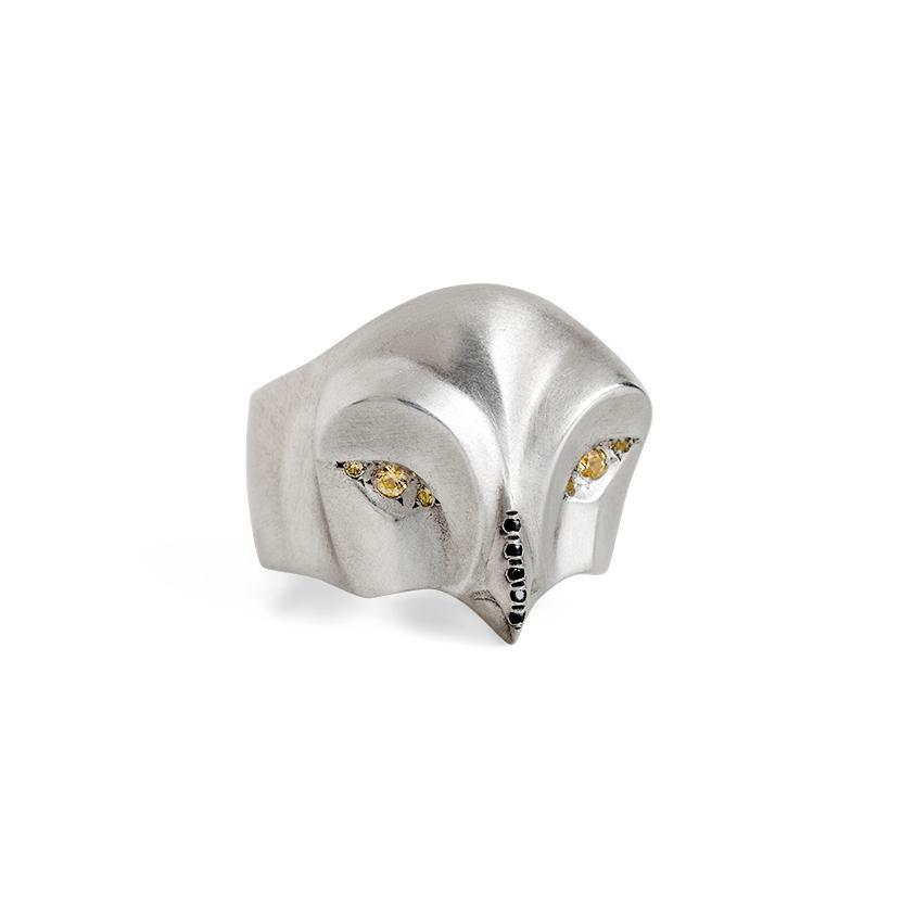 ELINA GLEIZER  Snowy Owl Ring with Yellow Sapphire Eyes and Black Beak