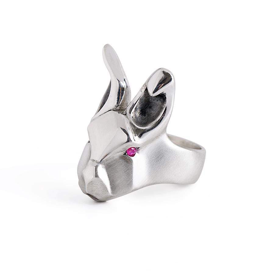 ___ Jewelry 3 / ruby White Rabbit Ring with Purple Amethysts Eyes