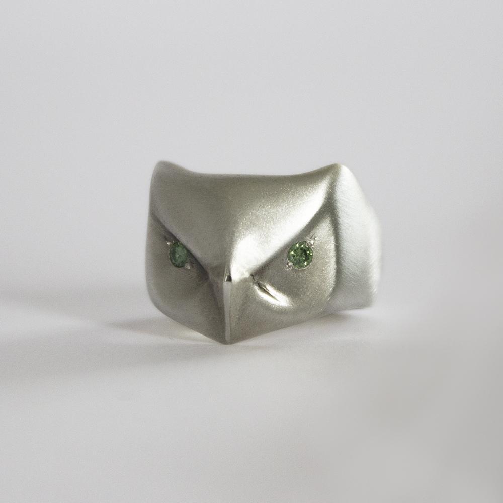 ___ Jewelry Great Horned Owl Ring with Green Diamonds