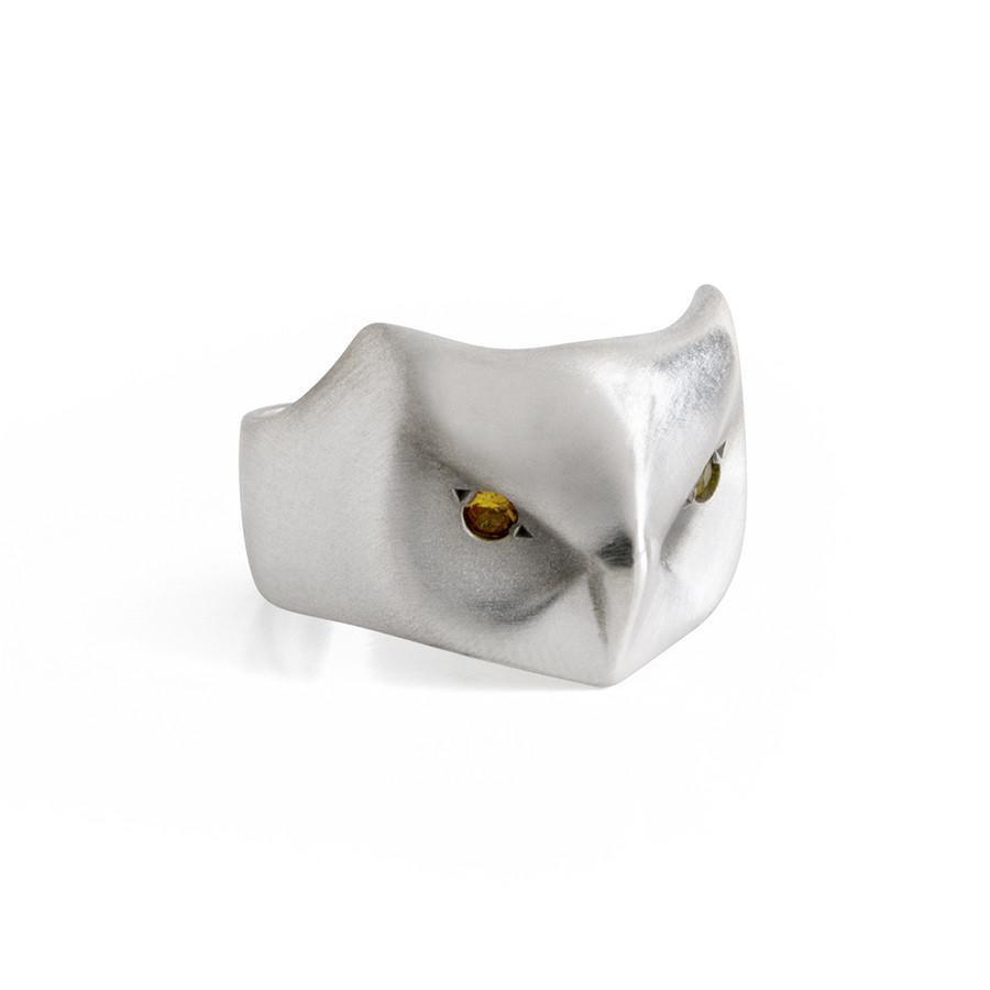 ___ Jewelry Great Horned Owl Ring, Yellow Sapphire Eyes