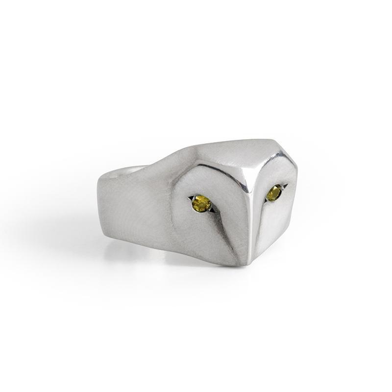 ___ Jewelry Select Your Size / yellow-sapphire Owl Ring with White Sapphire Eyes