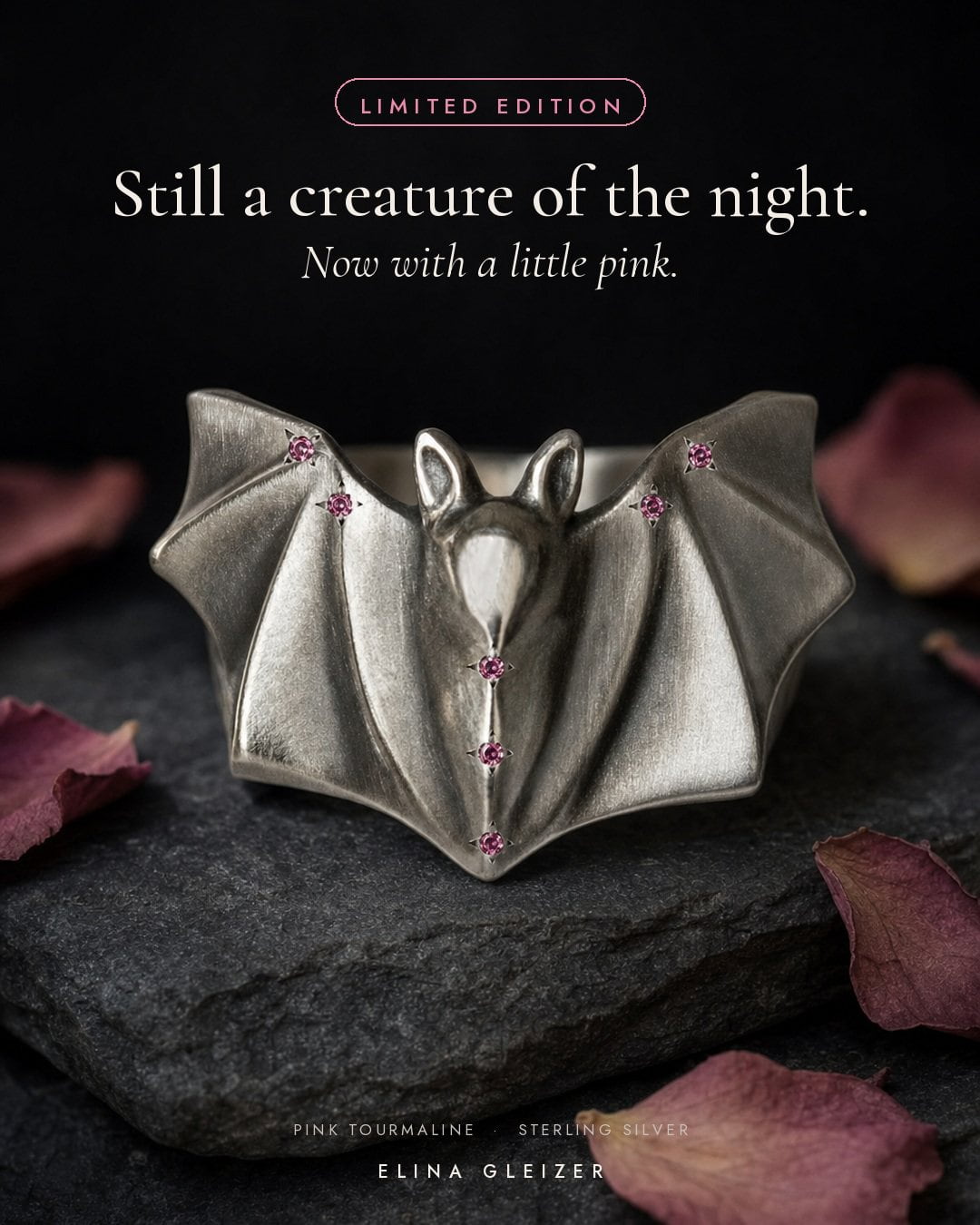 ELINA GLEIZER Jewelry Limited Edition Pink Bat Ring