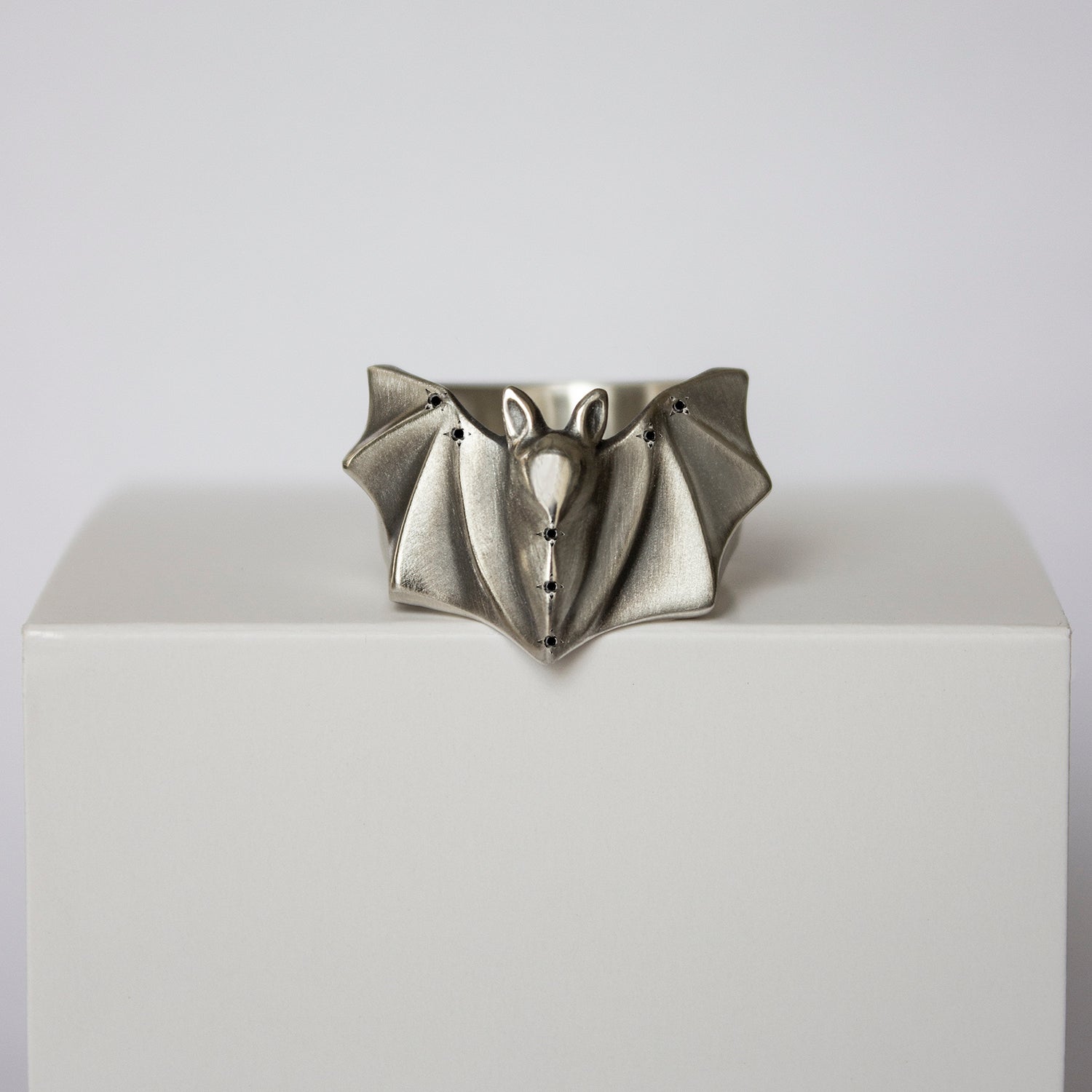 ELINA GLEIZER  Jewelry Silver Bat Ring with Black Diamonds