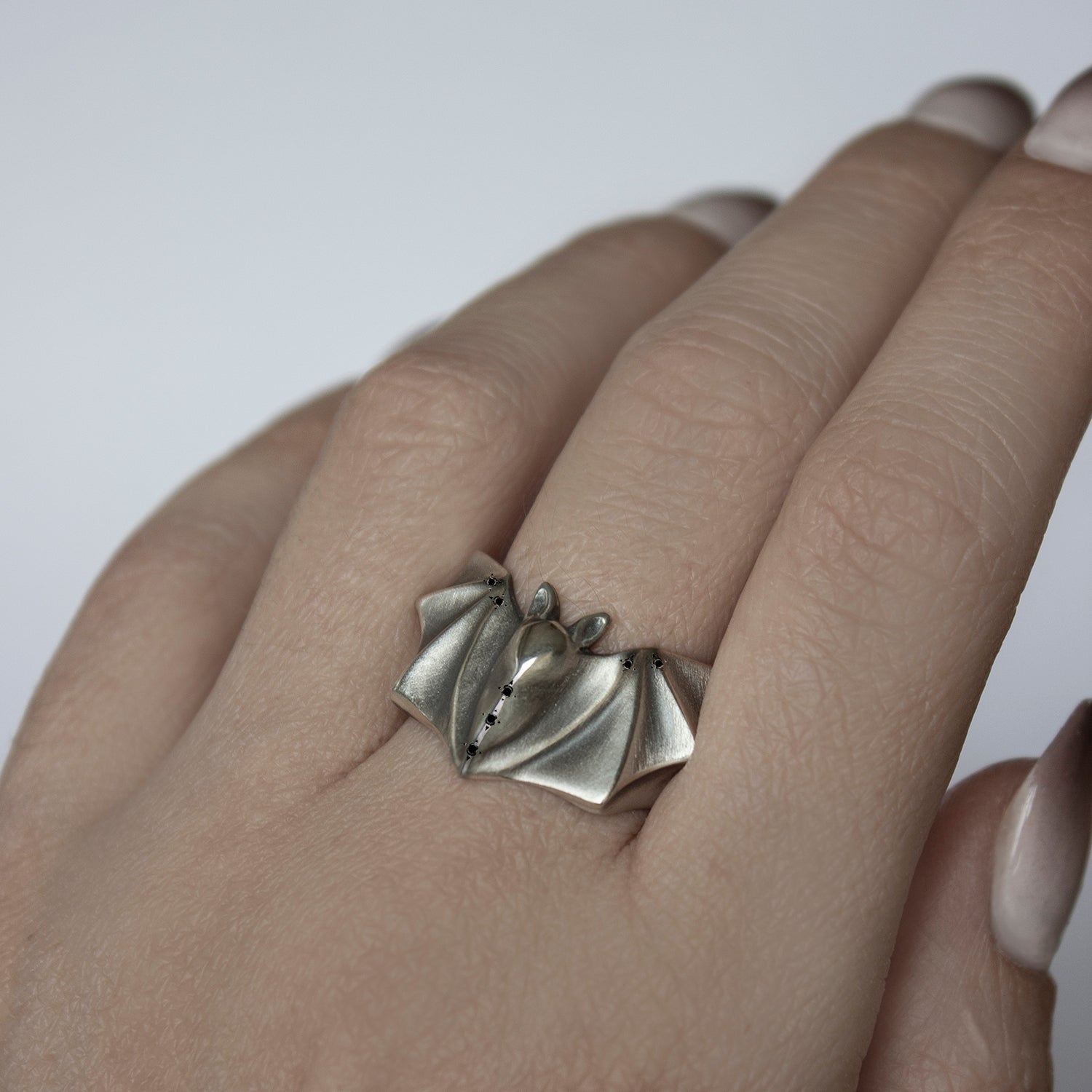 ELINA GLEIZER  Jewelry Silver Bat Ring with Black Diamonds