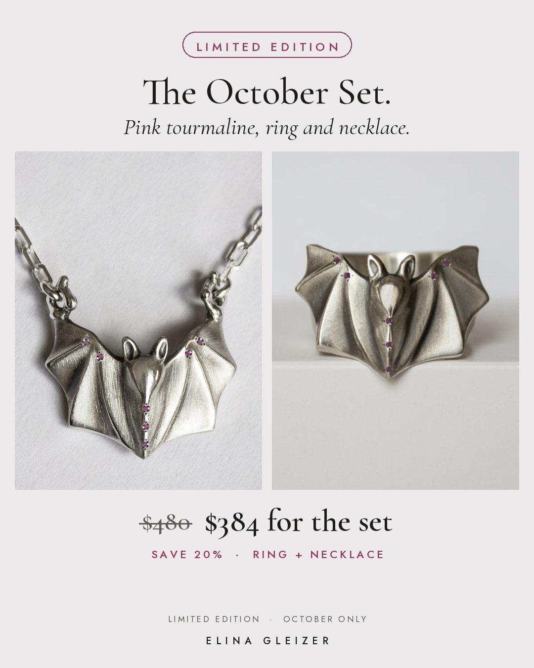 ELINA GLEIZER Jewelry The October Set: Pink Bat Ring + Necklace