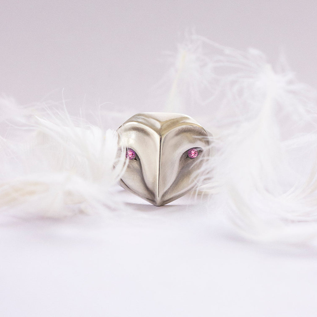 Barn Owl Rig Barn Owl Ring, Pink Tourmaline Eyes | Elina Gleizer