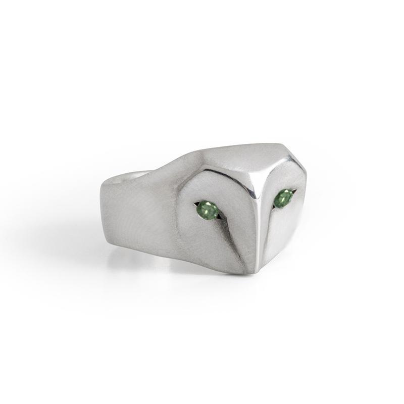 ELINA GLEIZER  Jewelry 4 / green-diamond / Sterling Silver Owl Ring with Ocean Blue Diamonds