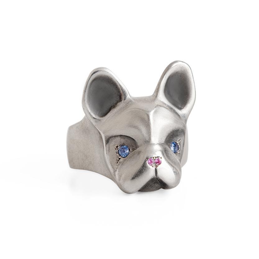 ELINA GLEIZER Jewelry French Bulldog Ring With Blue & Pink Sapphires