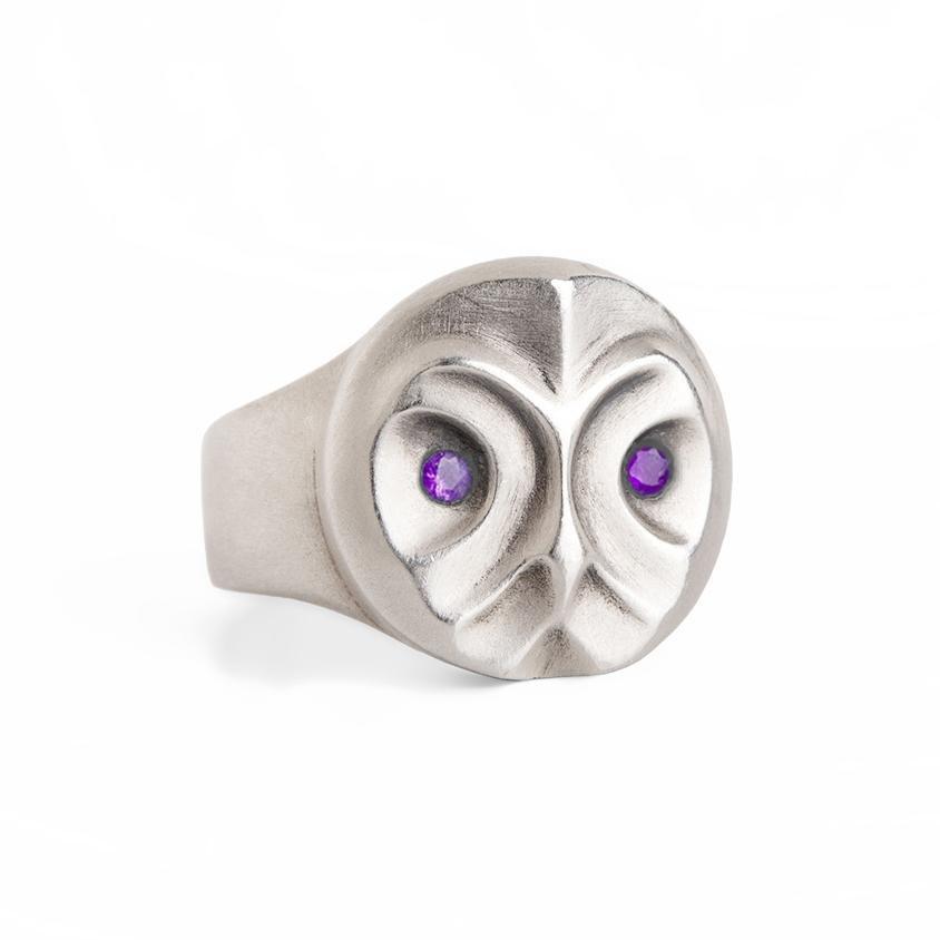 ELINA GLEIZER Jewelry Great Grey Owl Ring With Amethyst Eyes