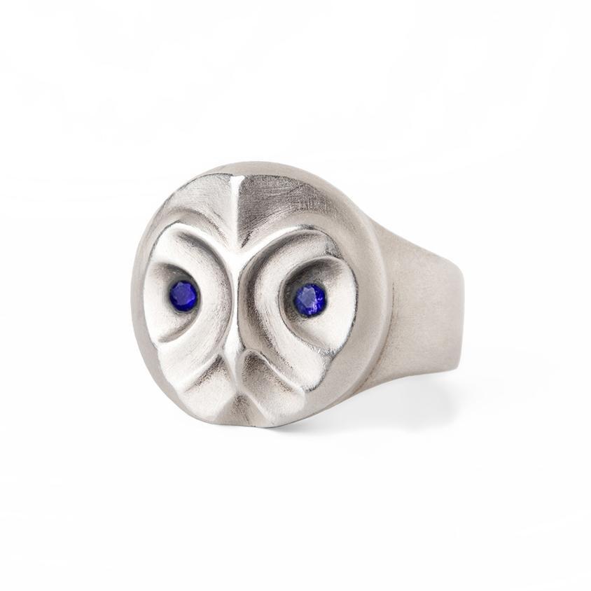 ELINA GLEIZER Jewelry Great Grey Owl Ring With Blue Sapphires