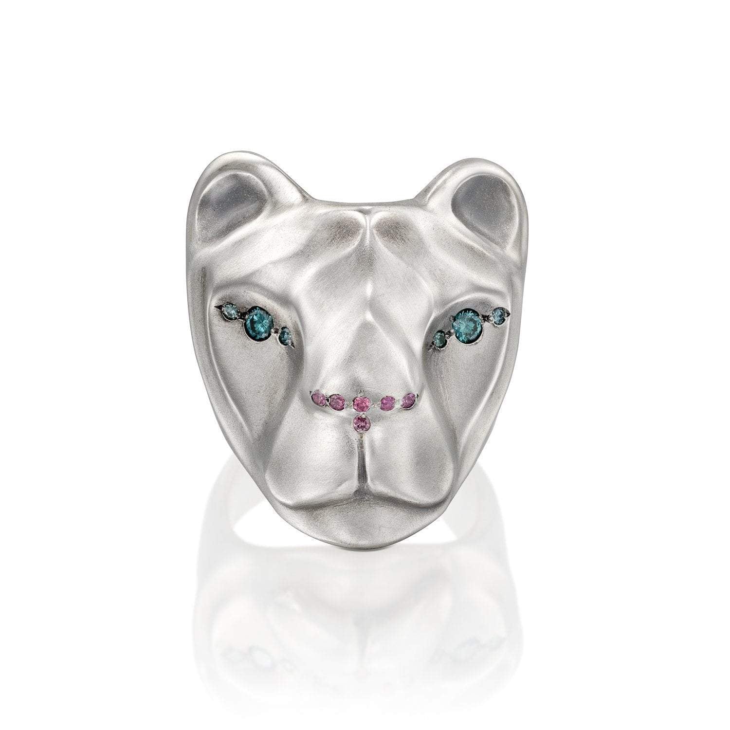 Lioness Ring with Blue Diamond eyes & Pink Nose