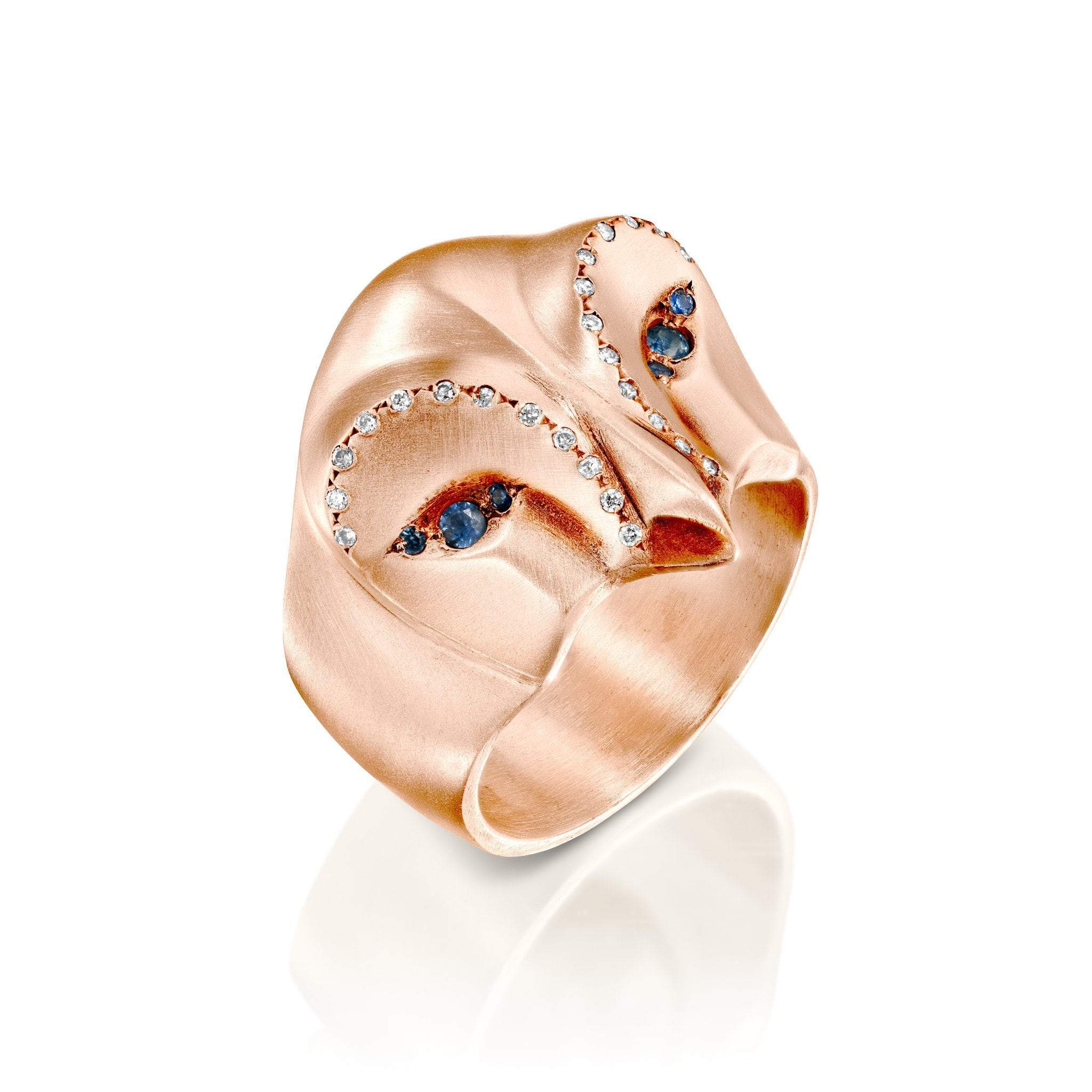 ELINA GLEIZER Rose Gold Snowy Owl Ring with Blue Sapphires and White Diamonds