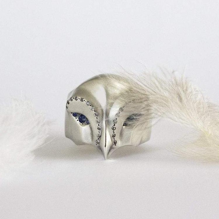 ELINA GLEIZER Snowy Owl Ring with Blue Sapphires and White Diamonds