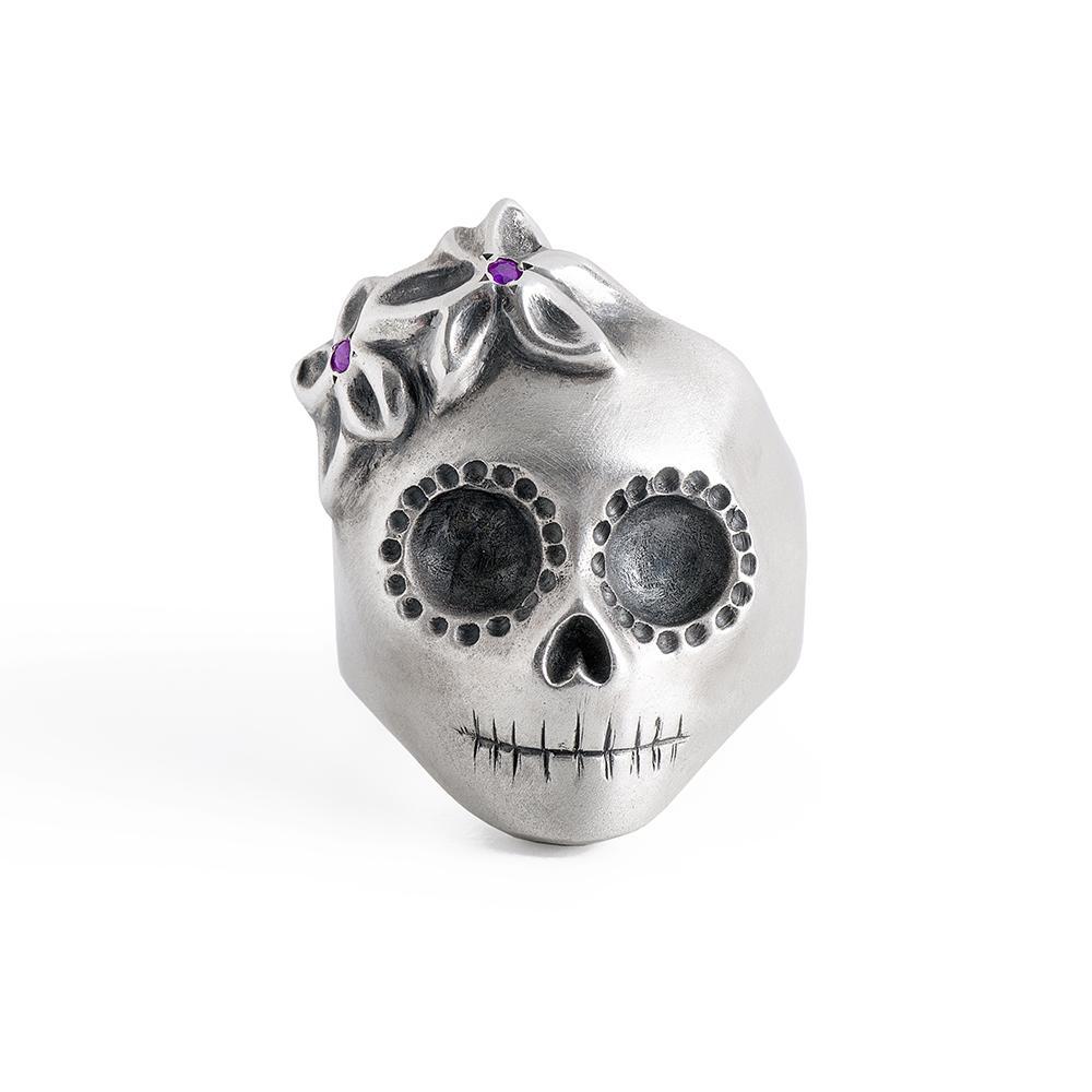 ___ Jewelry Lady Skull Ring with Purple Flowers