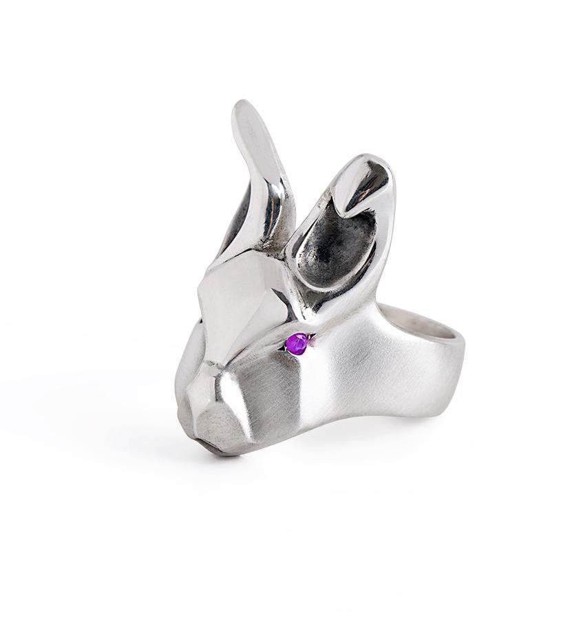 ___ Jewelry White Rabbit Ring with Purple Amethysts Eyes